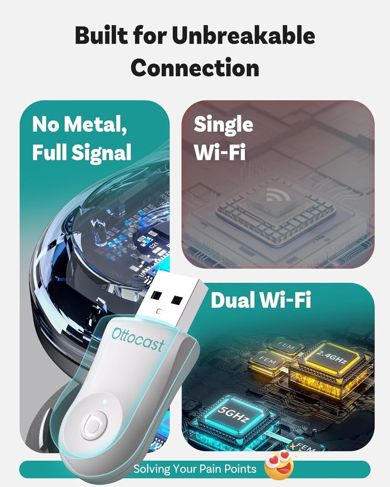 Ottocast محول Mini 2025 اللاسلكي CarPlay و Android Auto 2 في 1، توصيل وتشغيل، واي فاي 5GHz، اتصال تلقائي لـ iPhone و Android، يناسب 98%+ من سيارات CarPlay السلكية الأصلية - Image 3